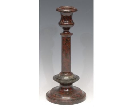 A late 19th century Cornish serpentine candlestick, campana sconce, 31cm high, c.1890 