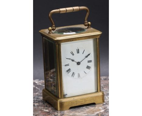 Victorian British Politics - a 19th century brass carriage timepiece, 6.5cm rectangular enamel clock dial inscribed with Roma