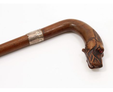 An early 20th century novelty walking stick or cane, the curved handle carved as the head of a dog, glass eyes, silver colour