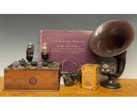 A BBC Hestavox-2 two-valve broadcast receiver, P.O. Reg No. 2049, mahogany cased, with Amplion speaker horn and BBC headset; 