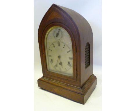 An Edwardian Mahogany Shell and Line Inlaid Large Lancet Shaped Mantle Clock, the engraved silvered dial with chime silent di