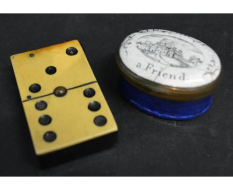 A 19th Century Oval Enamel Patch Box together with a lacquered vesta case in the form of a domino