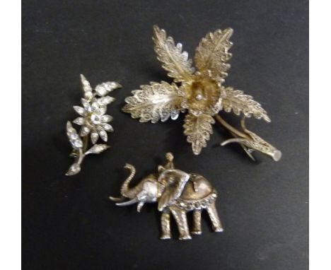 A Silver Foliate Spray Brooch, together with two similar paste brooches and a pearl bead necklace with pearl pendant