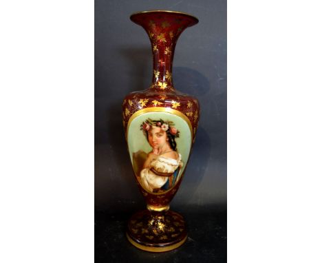 A 19th Century Bohemian Ruby Overlay Glass Vase of Oviform, hand painted with two reserves, one with a classical figure oppos