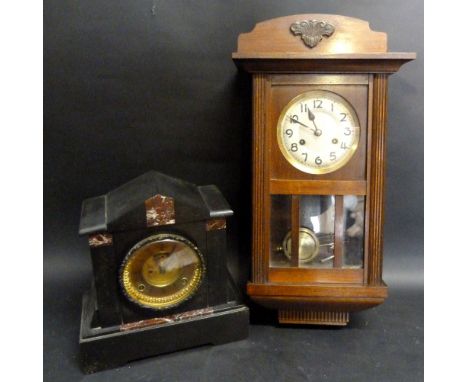 A Victorian Black Slate and Rouge Marble Mantle Clock with Visible Escapement, together with an oak wall clock