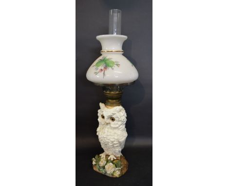 A Victorian Porcelain Oil Lamp in the form of an Owl, 27 cms tall