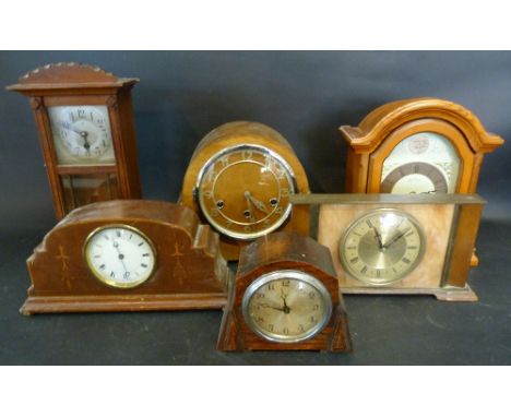 An Edwardian Mahogany Marquetry Inlaid Mantle Clock, together with five other similar mantle clocks
