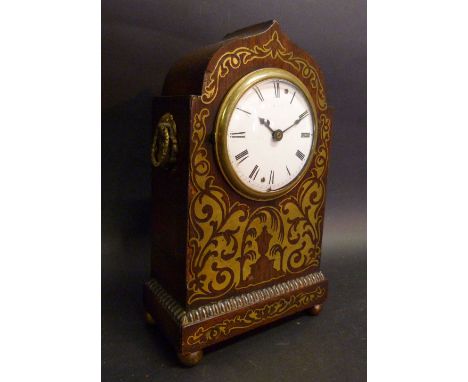 A Regency Brass Inlaid Mantle Clock, the enamel dial with Roman numerals with single train movement and with side brass handl