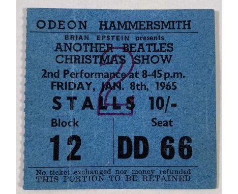 An original ticket stub for The Beatles Christmas Show at the Hammersmith Odeon, Jan 8th 1965. Excellent condition. Measures 