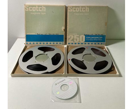 Two boxed reels of Scotch audio tape, containing both sides of an at the time unreleased 1974 LP recorded at Apple by Badfing