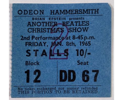 An original ticket stub for The Beatles Christmas Show at the Hammersmith Odeon, Jan 8th 1965. Excellent condition. Measures 