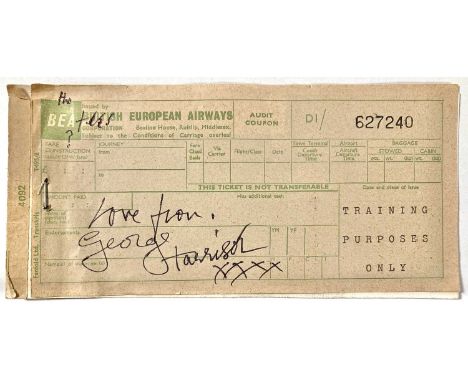 An original BEA (British European Airways) flight ticket, stapled with carbon copy marked 'TRAINING PURPOSES ONLY' - signed w