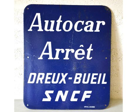 Vintage SNCF French coach stop enamel sign, 'Autocar arret Dreux-Bueil', blue ground, white text, 60cm by 50.2cm.