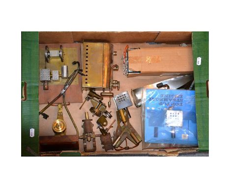 A selection of mostly brass live steam boat engine parts, including boiler, width 17cm, virtical engine parts, steam boat ein