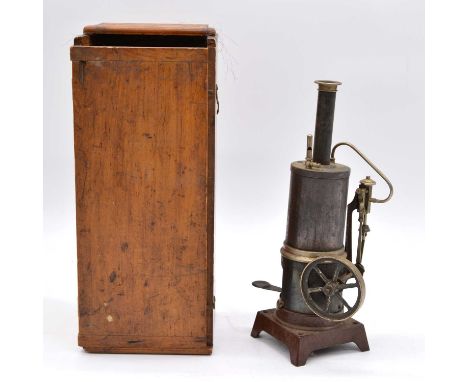 Early 20th century vertical steam engine, height 26cm, with wooden case.