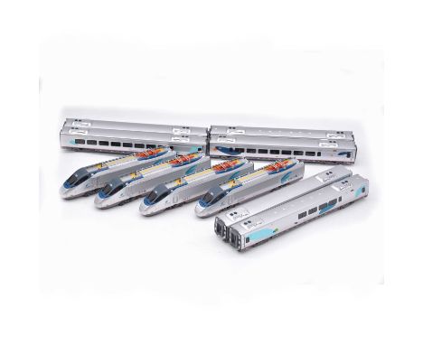 Bachmann HO gauge model railways, two Amtrak Acela express locomotives with dummy cars, numbers 2037 and 2006; eight Amtrak A
