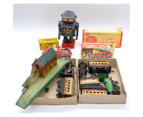 Collection of vintage toys; including battery operated robot; Sutcliffe tin-plate Sea Wolf model boat, boxed; tin-plate fire 