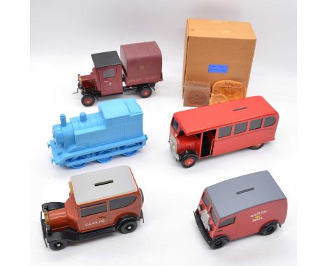 Pre-production Thomas the Tank Engine money boxes, three including 'Bertie Bus'; 'Caroline'; 'Sodor Mail', all with 'AJC Desi