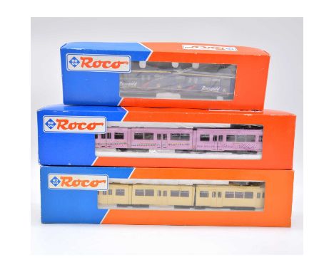 Roco HO gauge model railway trams, three including ref 43180 Stab 6a Braugold; ref 43189; ref 43191, all boxed. Qty: 3