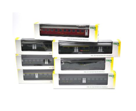 Trix HO gauge model railway passenger coaches, seven including ref 23340 SBB 1KI 50 85; 23341; 23342 (x2); 23343; 23344; 2334