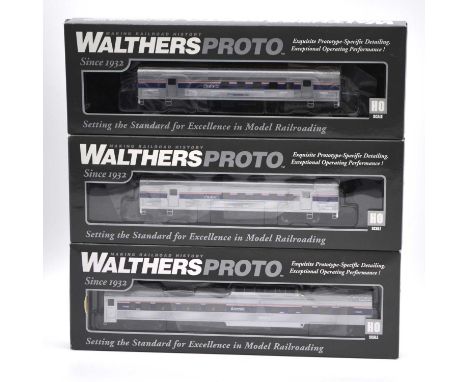 Walthers Proto HO gauge model railway Amtrak coaches; three including ref 85' Budd Dome coach (lighted); 63' Budd railway pos