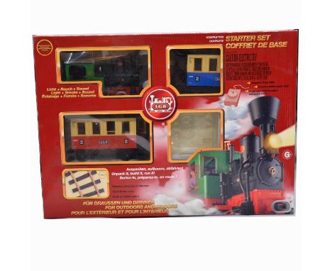 LGB G scale model railway set ref 78302, starter set, with locomotive, two passenger coaches, controllers, boxed (no figures)