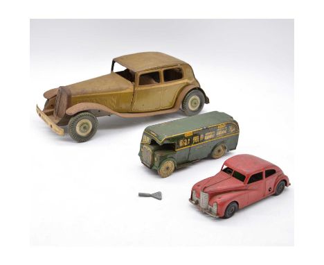 Three Tippco, Brimtoy and Mettoy tin-plate model cars, including Tippco clock-work model car, length 36cm; Brimtoy clock-work