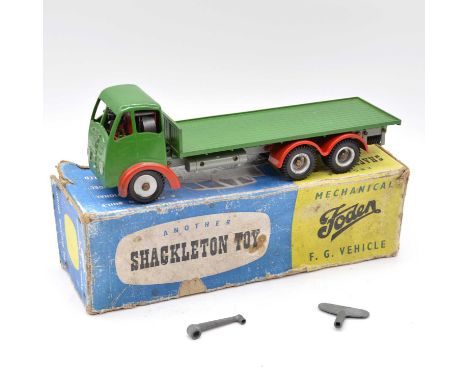 Shackleton Toy mechanical Foden F.G. Vehicle, flat bed, green body, with key and spanner, boxed. 