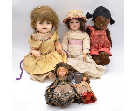 German bisque head doll, unbranded; Nora Welling felt type doll; and three other dolls. Qty: 5