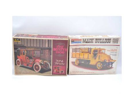 Model car kits, two including Monogram ref 7537 'Mack Bulldog' stake truck, 1:24 scale, boxed and wrapped; Fujimi Mokei 1906 