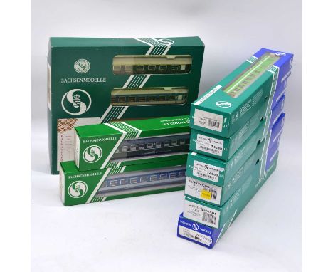 Sachsenmodelle HO gauge model railway passenger coaches, eight including ref 74519 Type Y 2nd class passneger coach; ref 1435