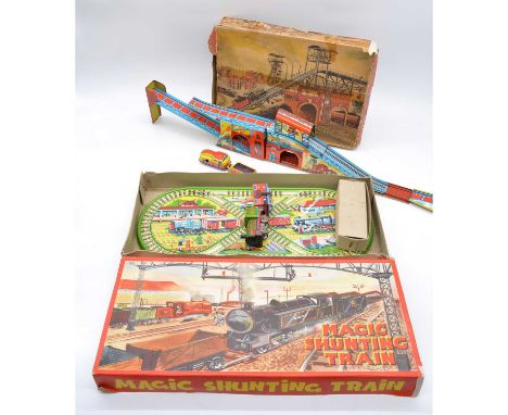 Tin-plate train toys, two including Technofix ref 294 incline trainset; Magic Shunting train set, both boxed.Qty: 2