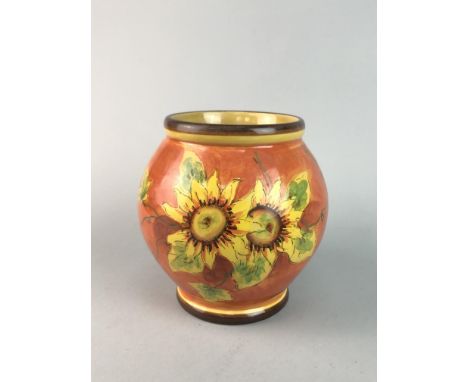 RED ROOSTER TWIN HANDLED TRAY, with rooster and sunflower motif decoration, along with a similar planter, ceramic bowl and a 