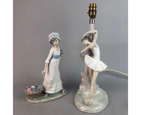 LLADRO FIGURAL TABLE LAMP, modelled as a ballerina, 34cm high, along with a Lladro figure of a girl with flower basket (2)