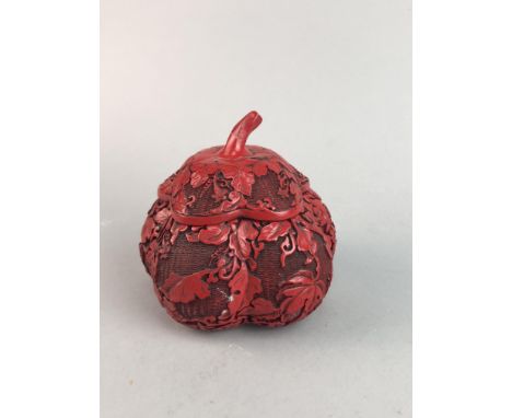 CHINESE CINEBAR LACQUER BOX, in the form of a pumpkin, 13cm high, along with a ivory puzzle ball on stand, snuff bottle and f