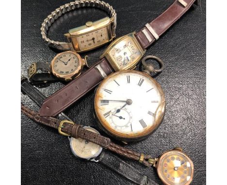 ART DECO MANUAL WIND WRIST WATCH, along with another similar a silver pocket watch, two gold manual wind wrist watches and a 