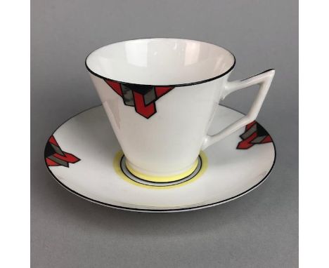 ART DECO STYLE PART TEA SERVICE, comprising six tea cups, five saucers, six sideplates, sandwich plates, cream and sugar