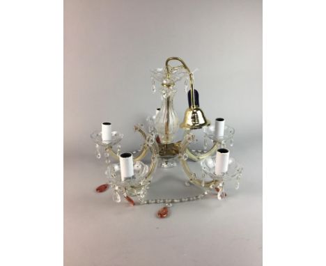 GILT FIVE BRANCH CHANDELIER, with crystal beads and drop decoration