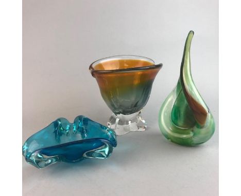 IRIDESCENT VASE, polished pontil, with other examples of art glass, including a gilded decanter, and vases