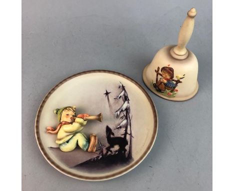 THREE HUMMEL CERAMIC BELLS, 16cm high, along with plates and an Oktoberfest figure