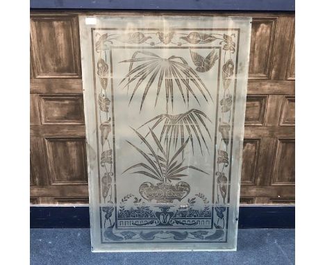 20TH CENTURY ETCHED GLASS PANEL, 105cm x 68cm