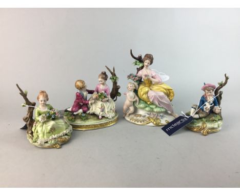 FOUR GERMAN CERAMIC FIGURES, including a female and a child, 15cm high, and three other figures (4)