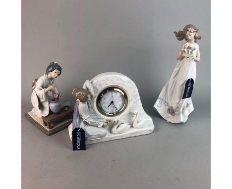 LLADRO MANTEL CLOCK, depicting a female and two swans, 19cm high, along with a Lladro figure of a femle and a geisha (3)