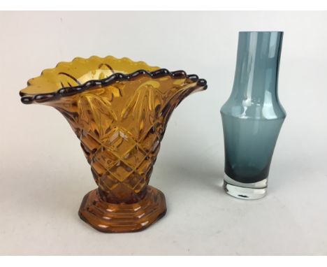 AMBER COLOURED GLASS BOWL AND A BLUE GLASS VASE, along with various coin sets, British Diecast model vehicle books, a silver 