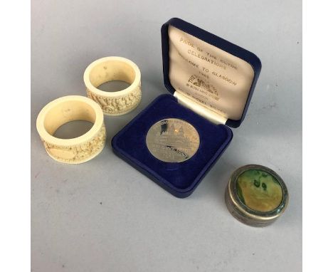 'PRIDE OF THE CLYDE CELEBRATIONS' COMMEMORATIVE COIN, in a fitted case, along with a pair of napkin rings and a silver plated