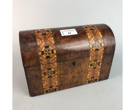 VICTORIAN WALNUT AND PARQUETRY TEA CADDY, with hinged dome cover