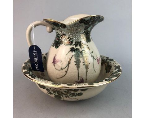 EASTERN CERAMIC EWER AND BASIN, 24.5cm diameter, along with a decorative vase and a ceramic bowl (4)