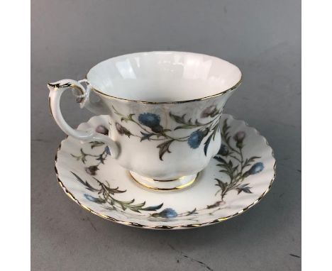 ROYAL ALBERT 'BRIGADOON' PATTERN PART TEA SERVICE, with thistle motif decoration, comprising five cups, six saucers, six side