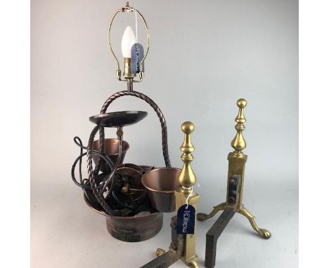 20TH CENTURY DECORATIVE LIGHT FITTING, along with a pair of brass fire stands