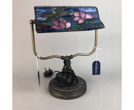 STAINED GLASS EFFECT DECORATIVE TABLE LAMP, depicting a dragonfly, 34cm high